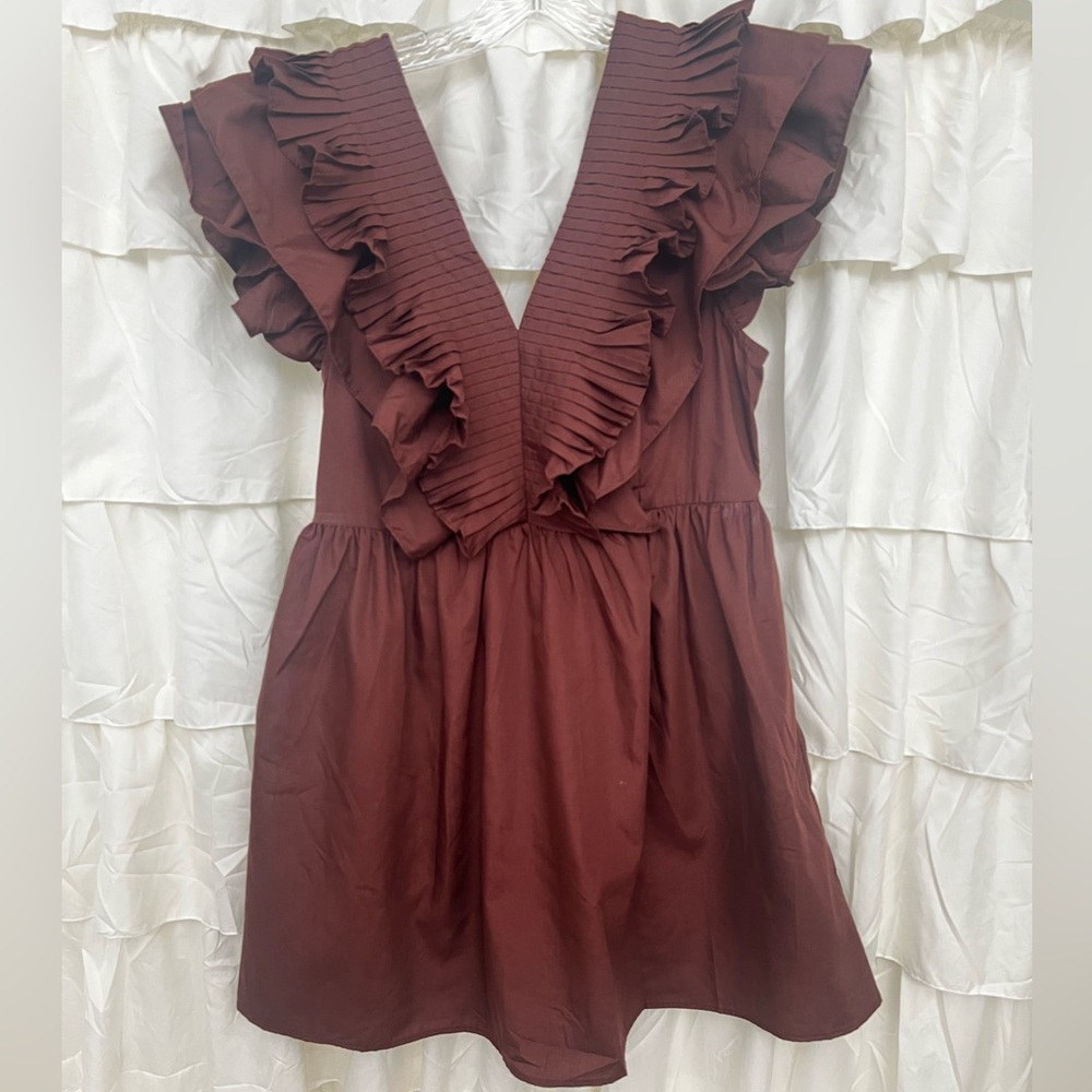 Brown ruffled neck line dress